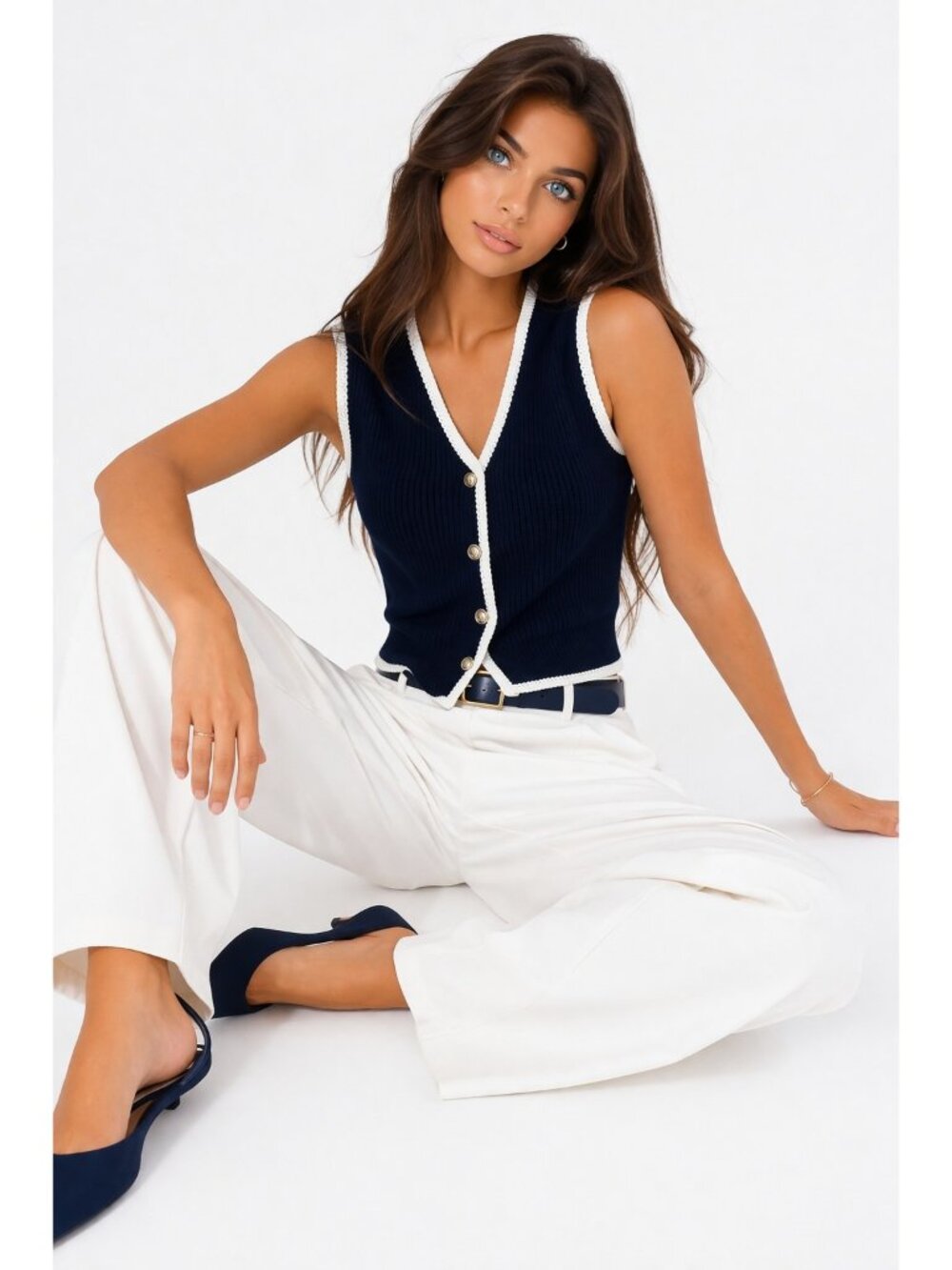 Sincerely Jules Womens Knit Sweater Vest Navy White Trim Button Front Preppy NWT